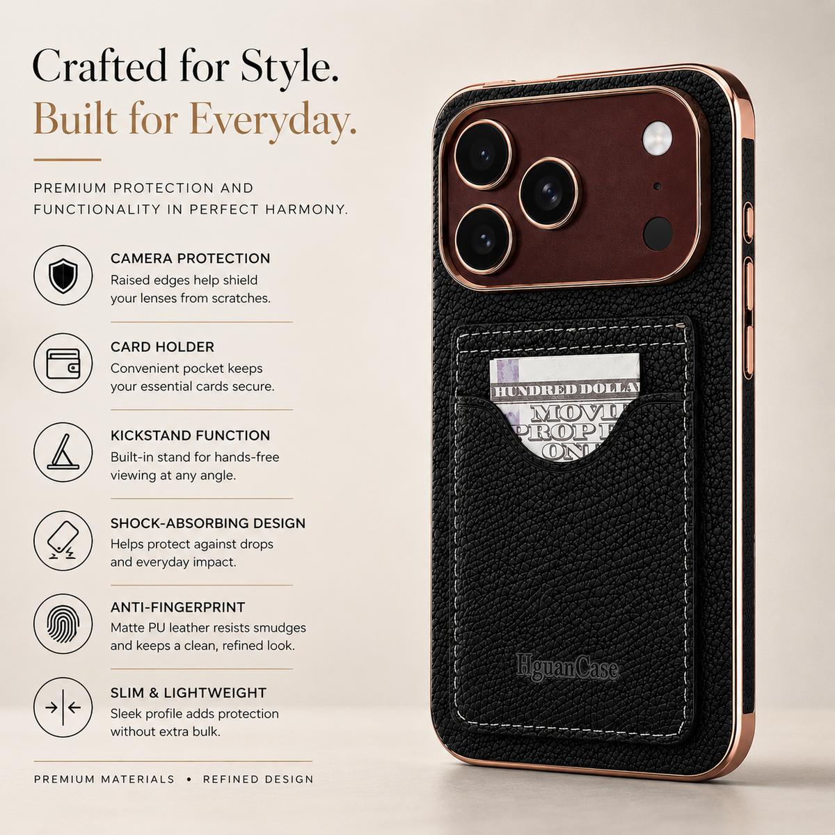 Premium iPhone Case PU Leather Foldable Stand Cover Shockproof Anti Scratch Matte Card Holder Protective Electroplated Frame Slim Full Coverage Secure