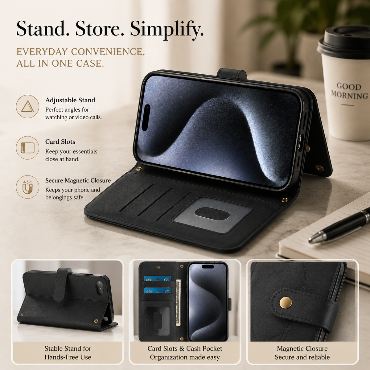 Premium iPhone Case RFID Blocking Wallet Crossbody Flip Cover PU Leather Card Holder Magnetic Closure Shockproof Protection Adjustable Strap Full Coverage