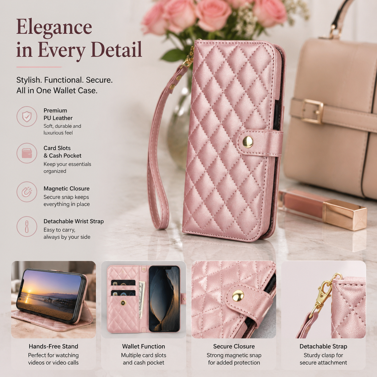 Premium iPhone Case RFID Blocking Wallet Crossbody Flip Cover PU Leather Card Holder Magnetic Closure Shockproof Protection Adjustable Strap Full Coverage