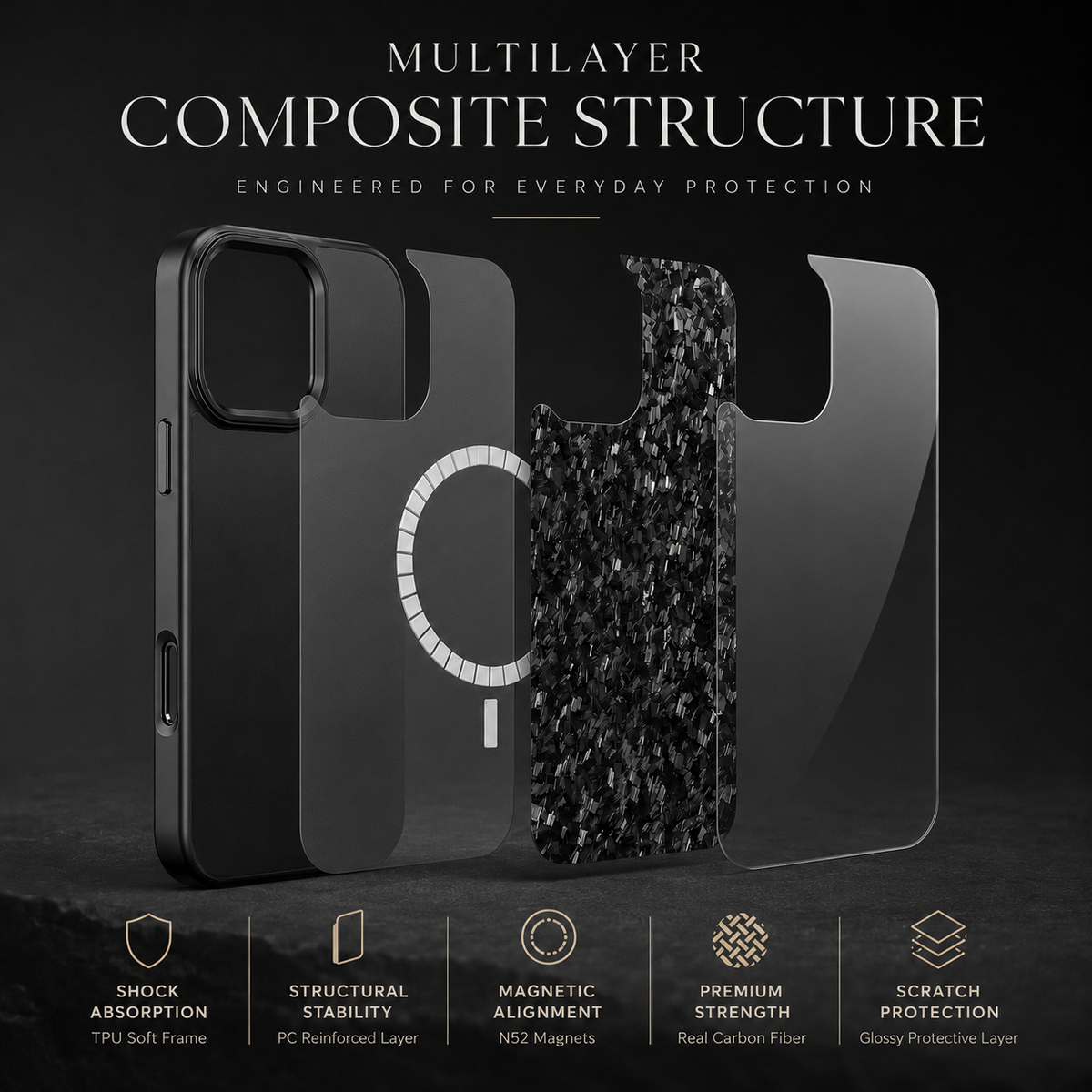Premium iPhone Case Real Forged Carbon Fiber MagSafe Cover Metal Lens Accents Shockproof Dual Layer Protection Slim Magnetic Anti Scratch Durable Design