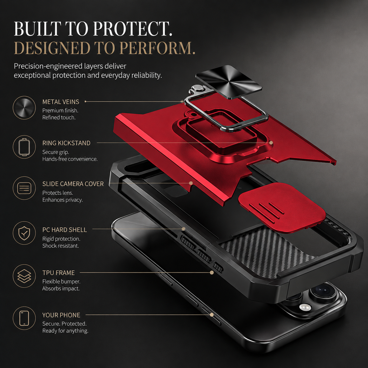 Premium iPhone Case Rotating Ring Stand Hybrid Armor Slide Camera Lens Cover Shockproof Heavy Duty PC TPU Belt Clip Protective Rugged Case