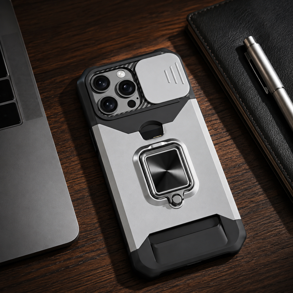 Premium iPhone Case Rotating Ring Stand Hybrid Armor Slide Camera Lens Cover Shockproof Heavy Duty PC TPU Belt Clip Protective Rugged Case