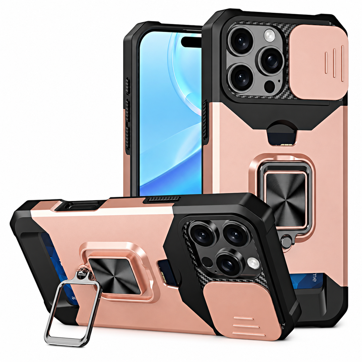 Premium iPhone Case Rotating Ring Stand Hybrid Armor Slide Camera Lens Cover Shockproof Heavy Duty PC TPU Belt Clip Protective Rugged Case