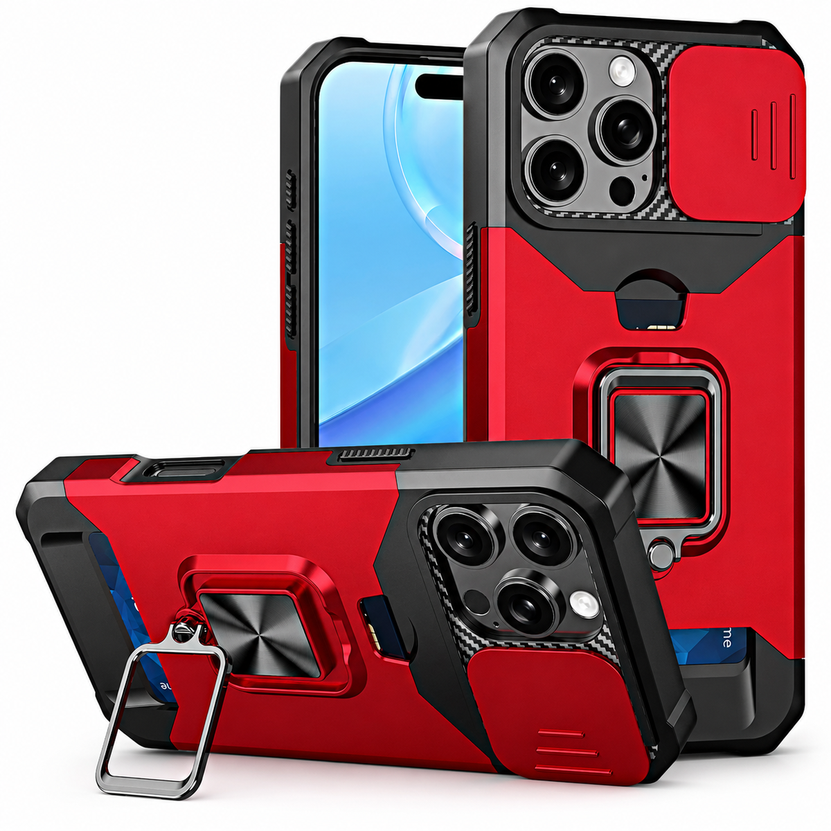 Premium iPhone Case Rotating Ring Stand Hybrid Armor Slide Camera Lens Cover Shockproof Heavy Duty PC TPU Belt Clip Protective Rugged Case