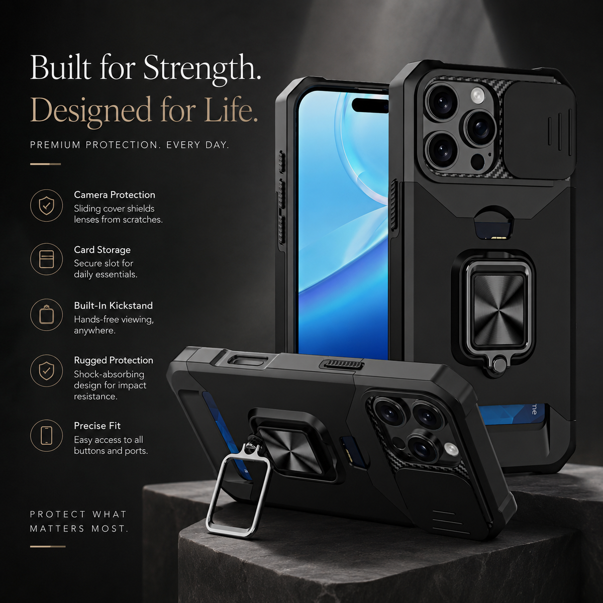 Premium iPhone Case Rotating Ring Stand Hybrid Armor Slide Camera Lens Cover Shockproof Heavy Duty PC TPU Belt Clip Protective Rugged Case