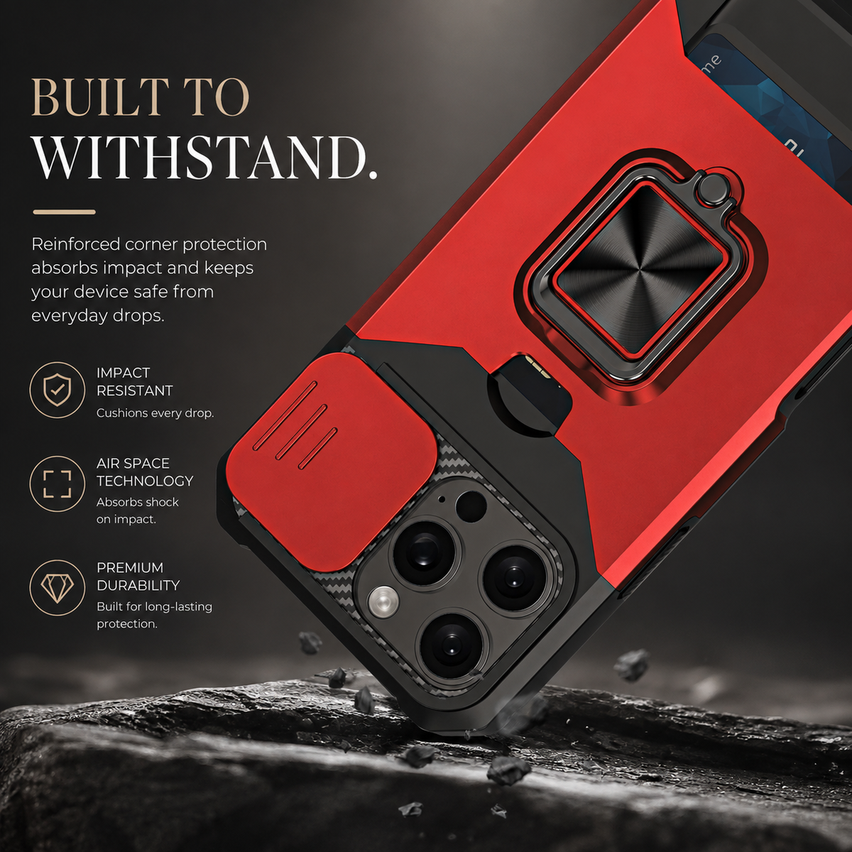 Premium iPhone Case Rotating Ring Stand Hybrid Armor Slide Camera Lens Cover Shockproof Heavy Duty PC TPU Belt Clip Protective Rugged Case