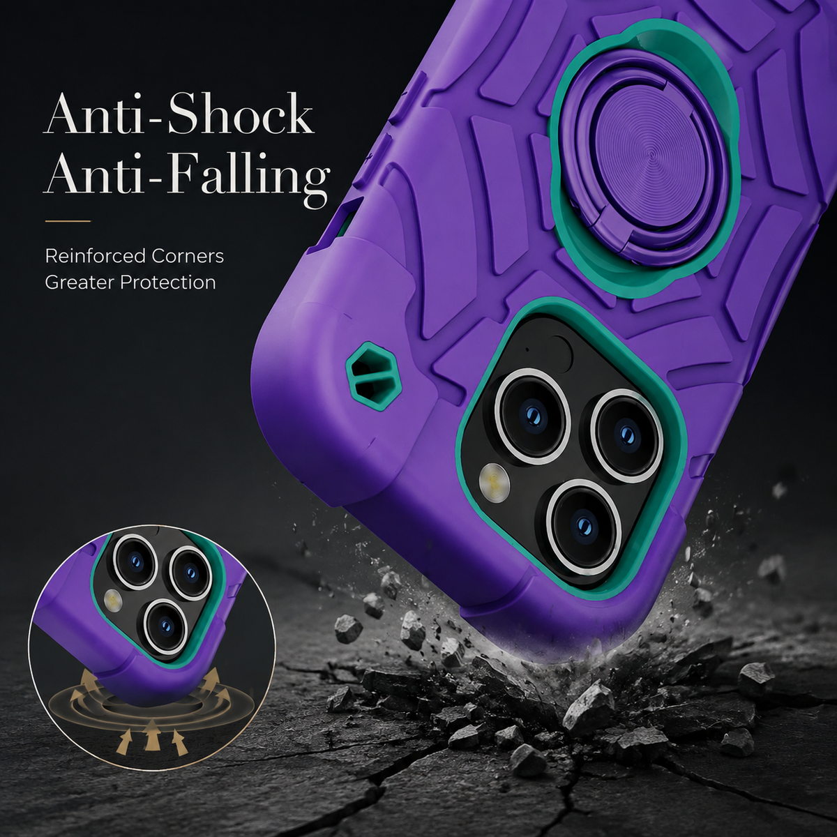 Premium iPhone Case Rugged Armor Cover Dual Layer Shockproof PC TPU Ring Holder Kickstand Anti Slip Grip Full Protection Camera Lens Guard Durable Design