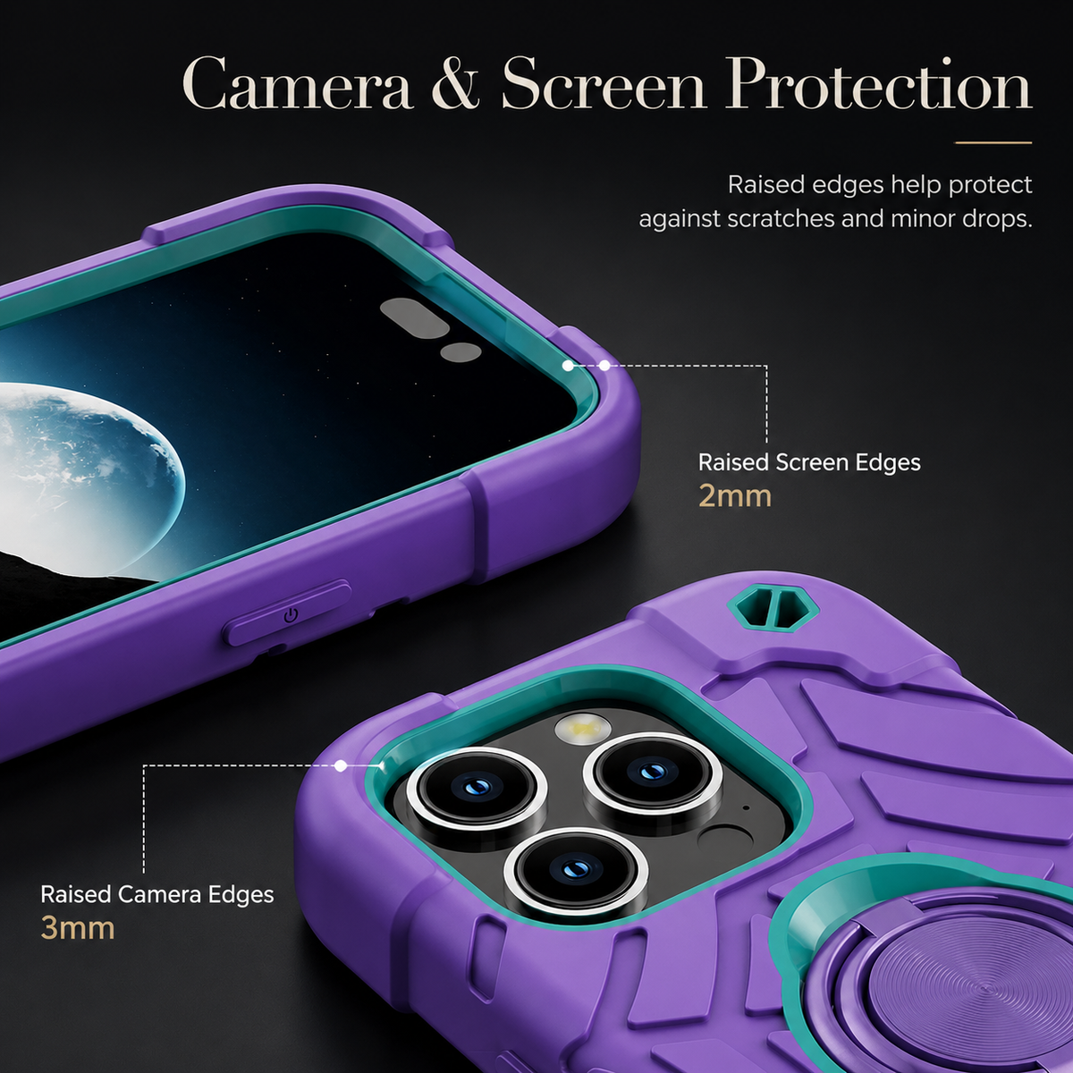 Premium iPhone Case Rugged Armor Cover Dual Layer Shockproof PC TPU Ring Holder Kickstand Anti Slip Grip Full Protection Camera Lens Guard Durable Design