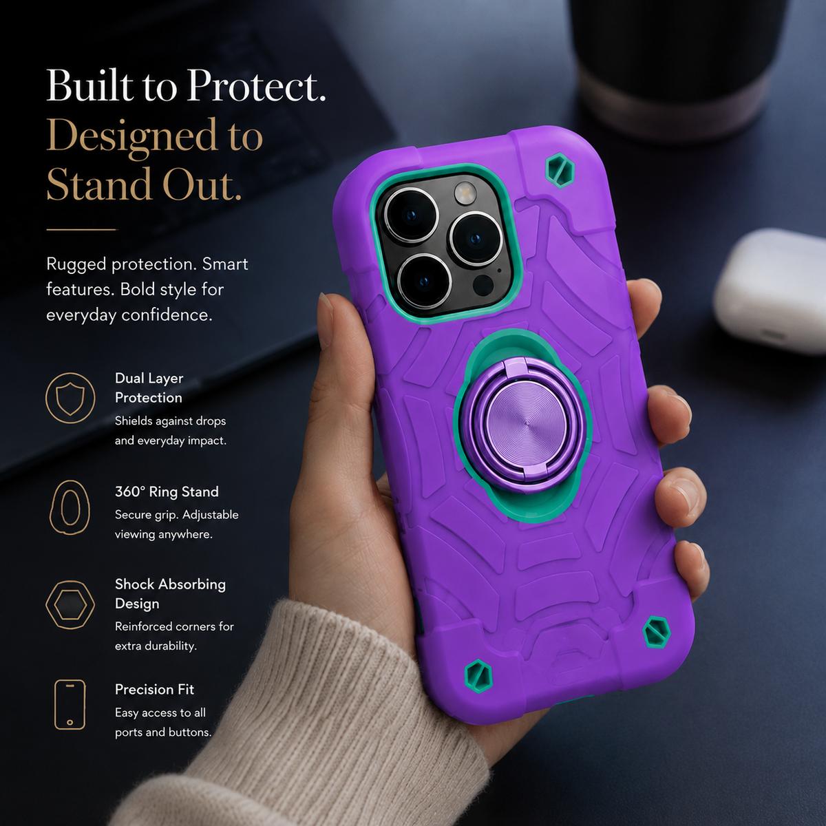Premium iPhone Case Rugged Armor Cover Dual Layer Shockproof PC TPU Ring Holder Kickstand Anti Slip Grip Full Protection Camera Lens Guard Durable Design