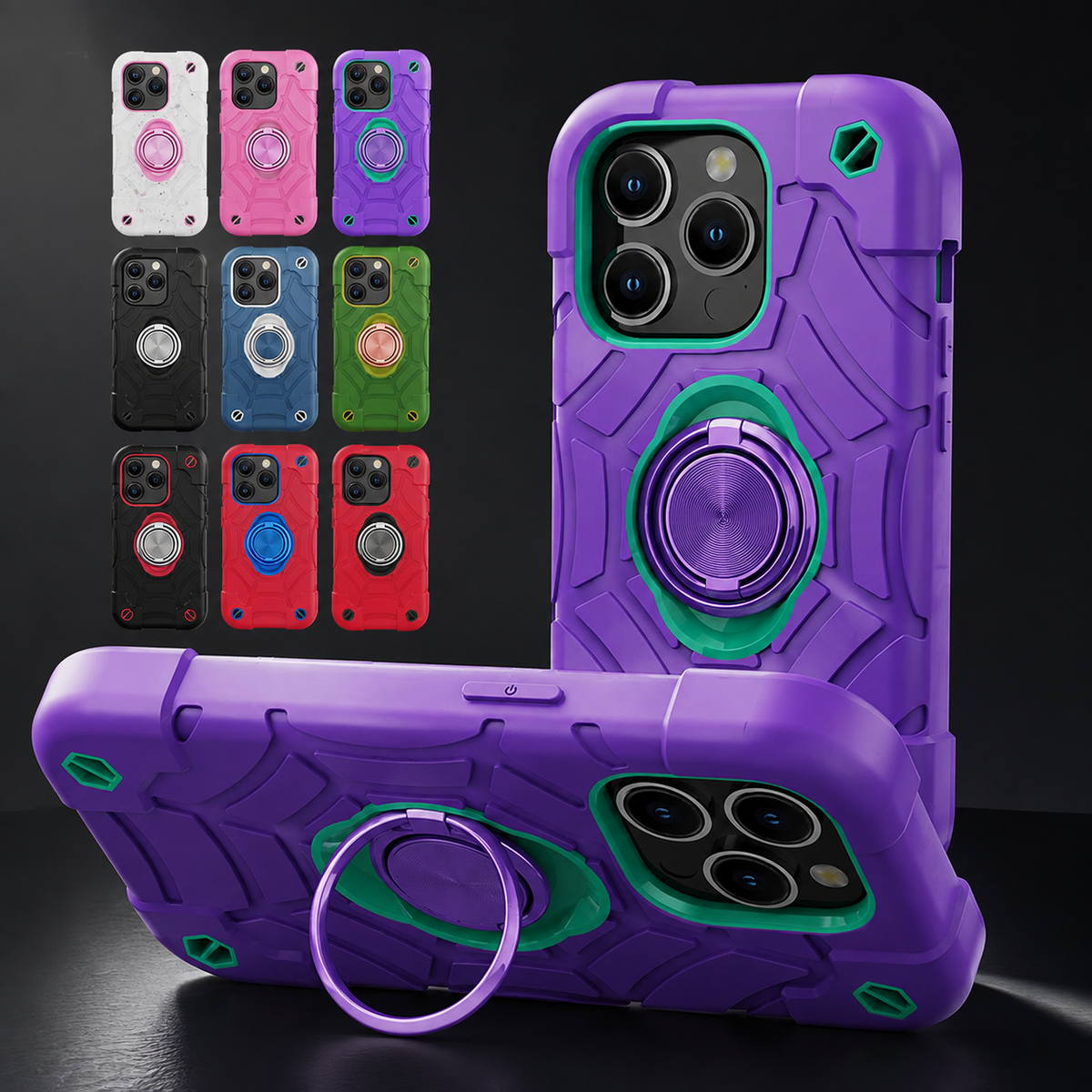 Premium iPhone Case Rugged Armor Cover Dual Layer Shockproof PC TPU Ring Holder Kickstand Anti Slip Grip Full Protection Camera Lens Guard Durable Design