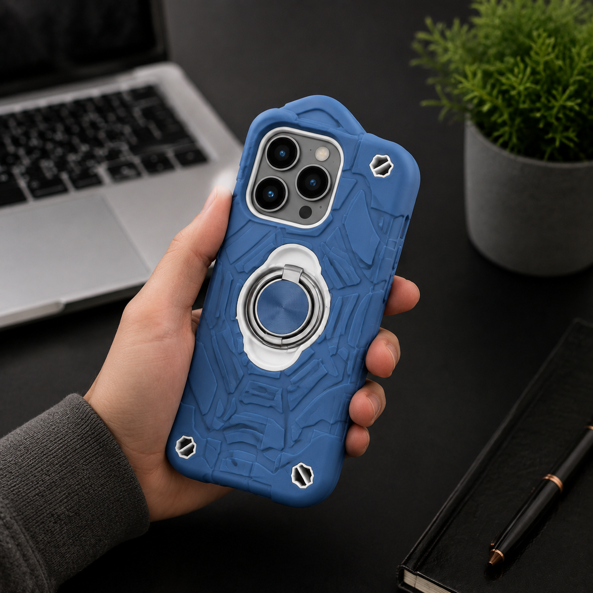 Premium iPhone Case Rugged Armor Cover Dual Layer Shockproof PC TPU Ring Holder Kickstand Anti Slip Grip Full Protection Camera Lens Guard Durable Design