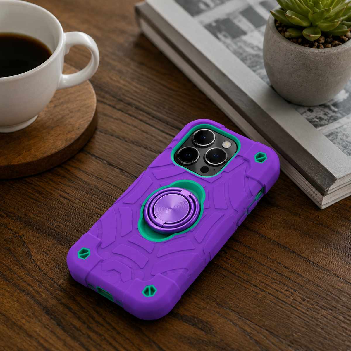 Premium iPhone Case Rugged Armor Cover Dual Layer Shockproof PC TPU Ring Holder Kickstand Anti Slip Grip Full Protection Camera Lens Guard Durable Design