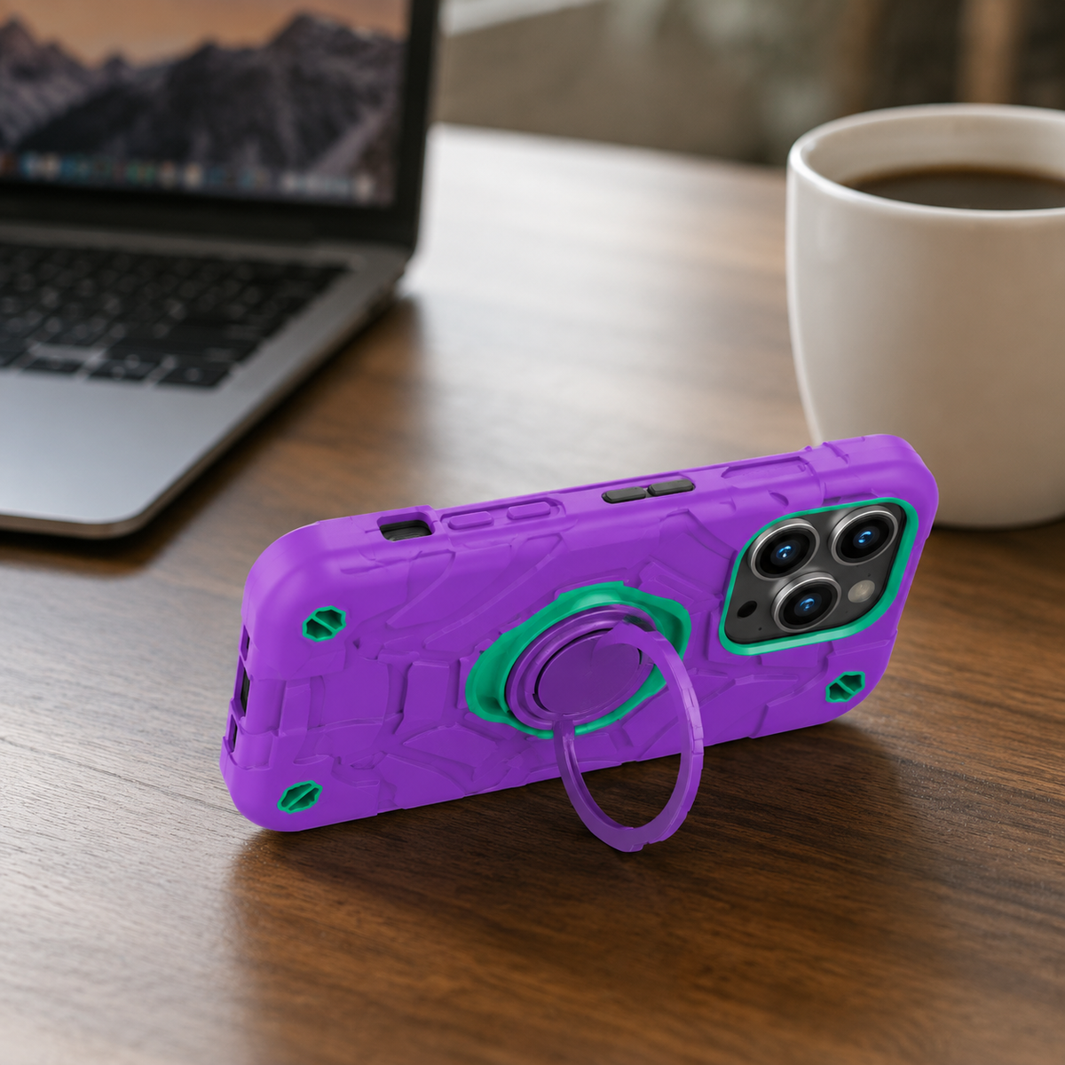 Premium iPhone Case Rugged Armor Cover Dual Layer Shockproof PC TPU Ring Holder Kickstand Anti Slip Grip Full Protection Camera Lens Guard Durable Design