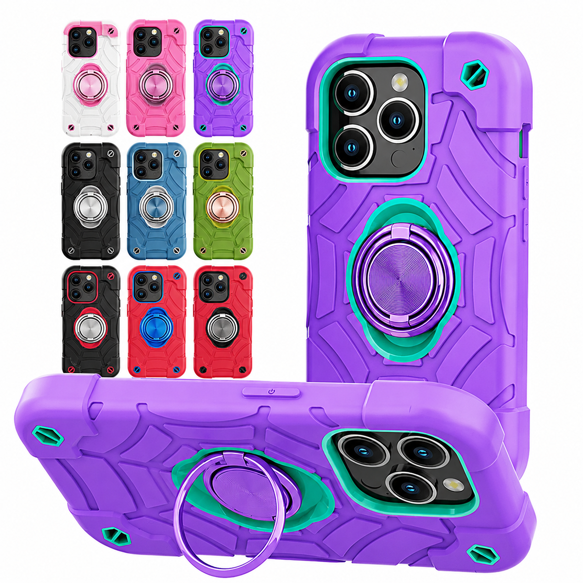 Premium iPhone Case Rugged Armor Cover Dual Layer Shockproof PC TPU Ring Holder Kickstand Anti Slip Grip Full Protection Camera Lens Guard Durable Design