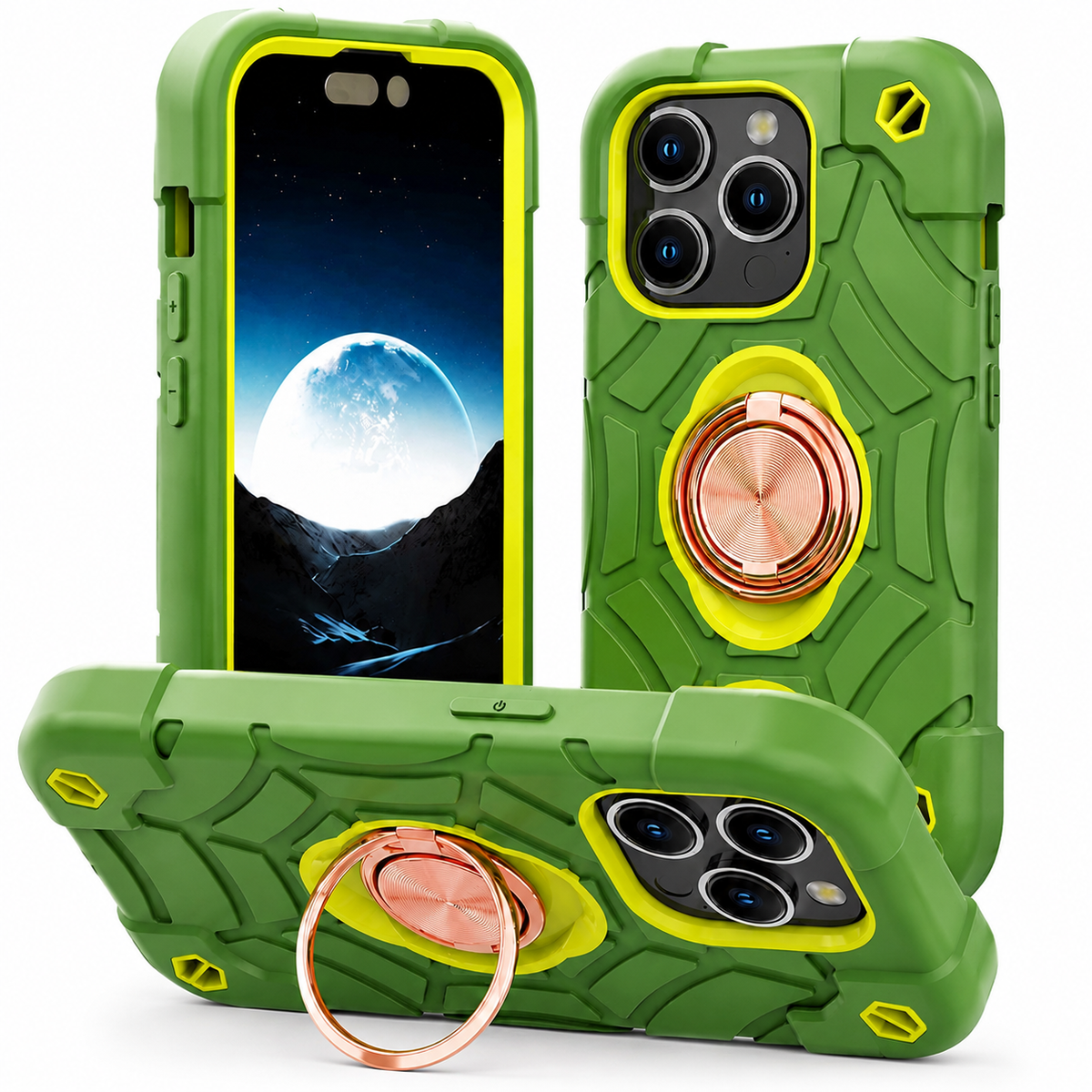 Premium iPhone Case Rugged Armor Cover Dual Layer Shockproof PC TPU Ring Holder Kickstand Anti Slip Grip Full Protection Camera Lens Guard Durable Design