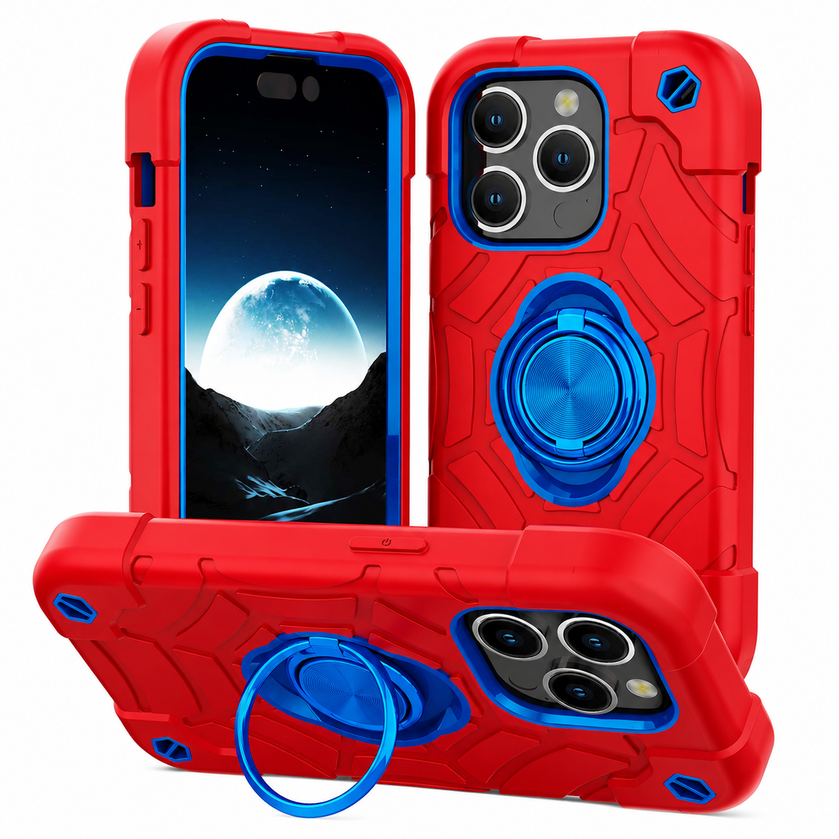 Premium iPhone Case Rugged Armor Cover Dual Layer Shockproof PC TPU Ring Holder Kickstand Anti Slip Grip Full Protection Camera Lens Guard Durable Design