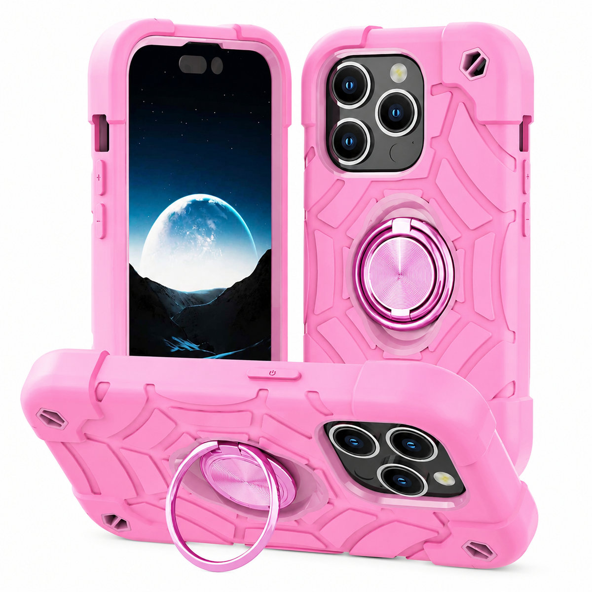 Premium iPhone Case Rugged Armor Cover Dual Layer Shockproof PC TPU Ring Holder Kickstand Anti Slip Grip Full Protection Camera Lens Guard Durable Design