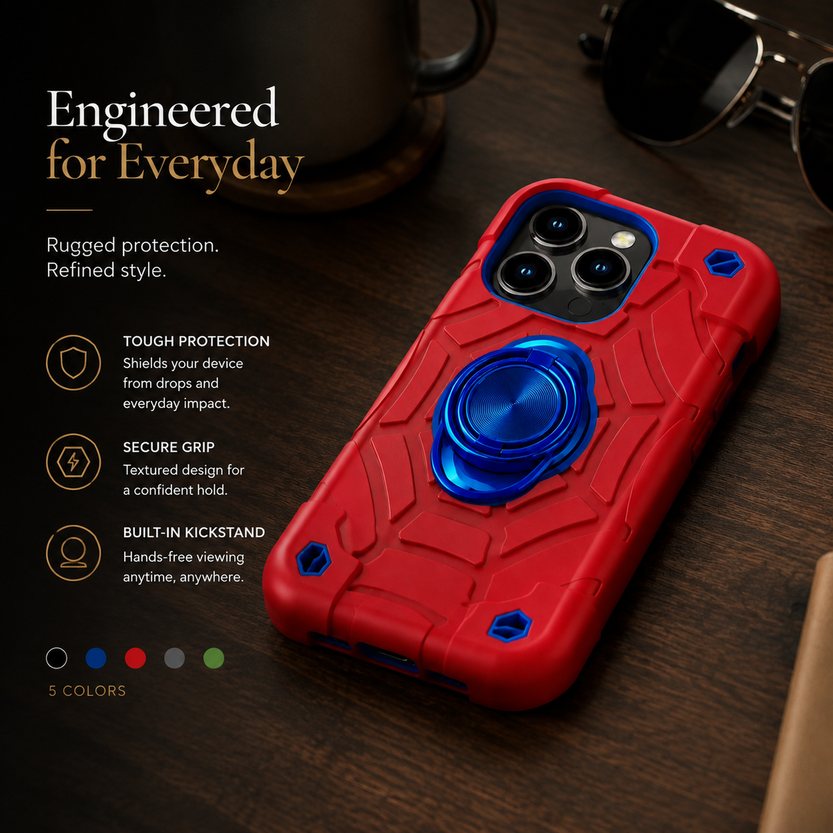 Premium iPhone Case Rugged Armor Cover Dual Layer Shockproof PC TPU Ring Holder Kickstand Anti Slip Grip Full Protection Camera Lens Guard Durable Design