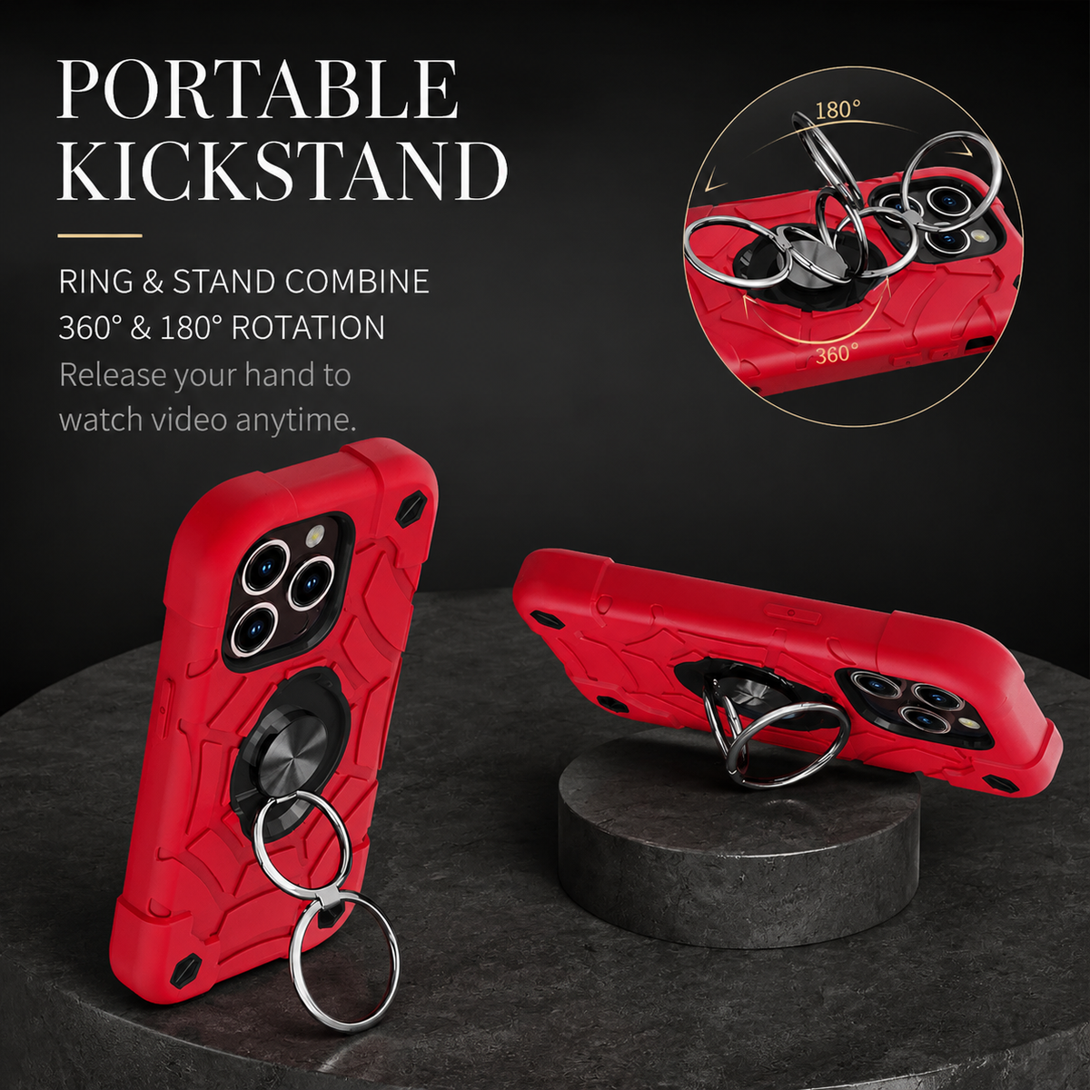 Premium iPhone Case Rugged Armor Cover Dual Layer Shockproof PC TPU Ring Holder Kickstand Anti Slip Grip Full Protection Camera Lens Guard Durable Design