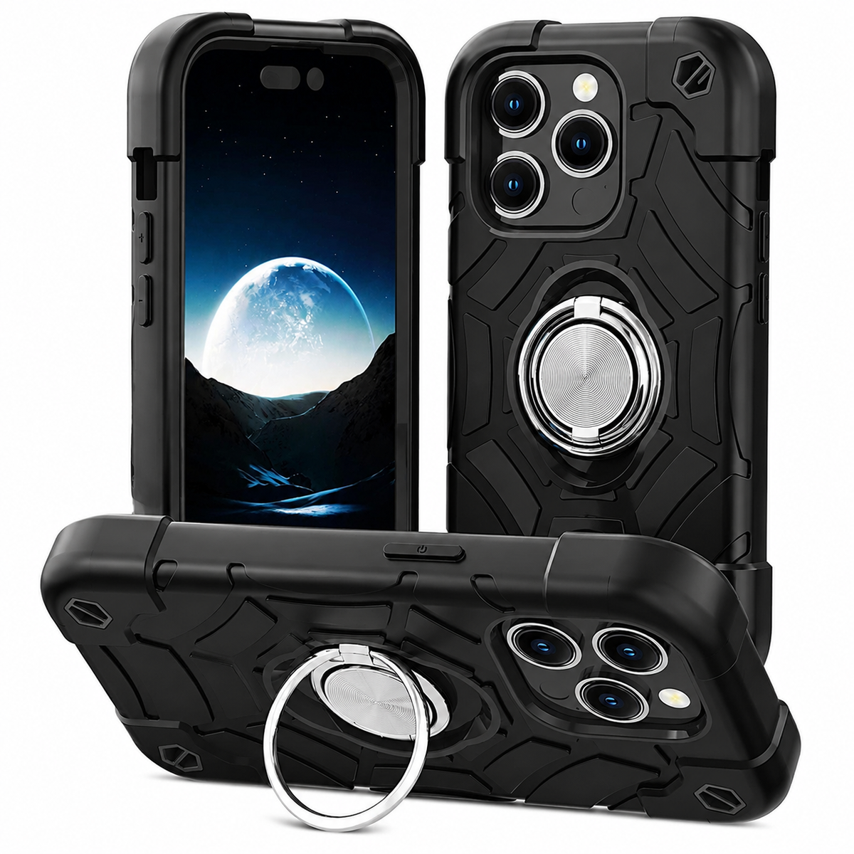 Premium iPhone Case Rugged Armor Cover Dual Layer Shockproof PC TPU Ring Holder Kickstand Anti Slip Grip Full Protection Camera Lens Guard Durable Design
