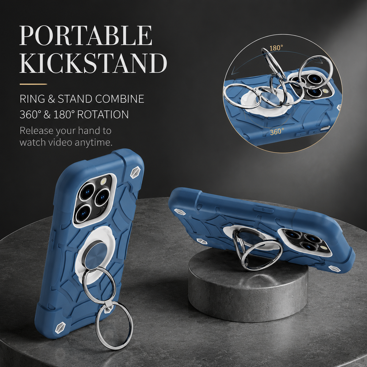 Premium iPhone Case Rugged Military Grade Protective Cover Dual Layer Shockproof Armor Kickstand Ring Holder Anti Slip Grip Full Protection