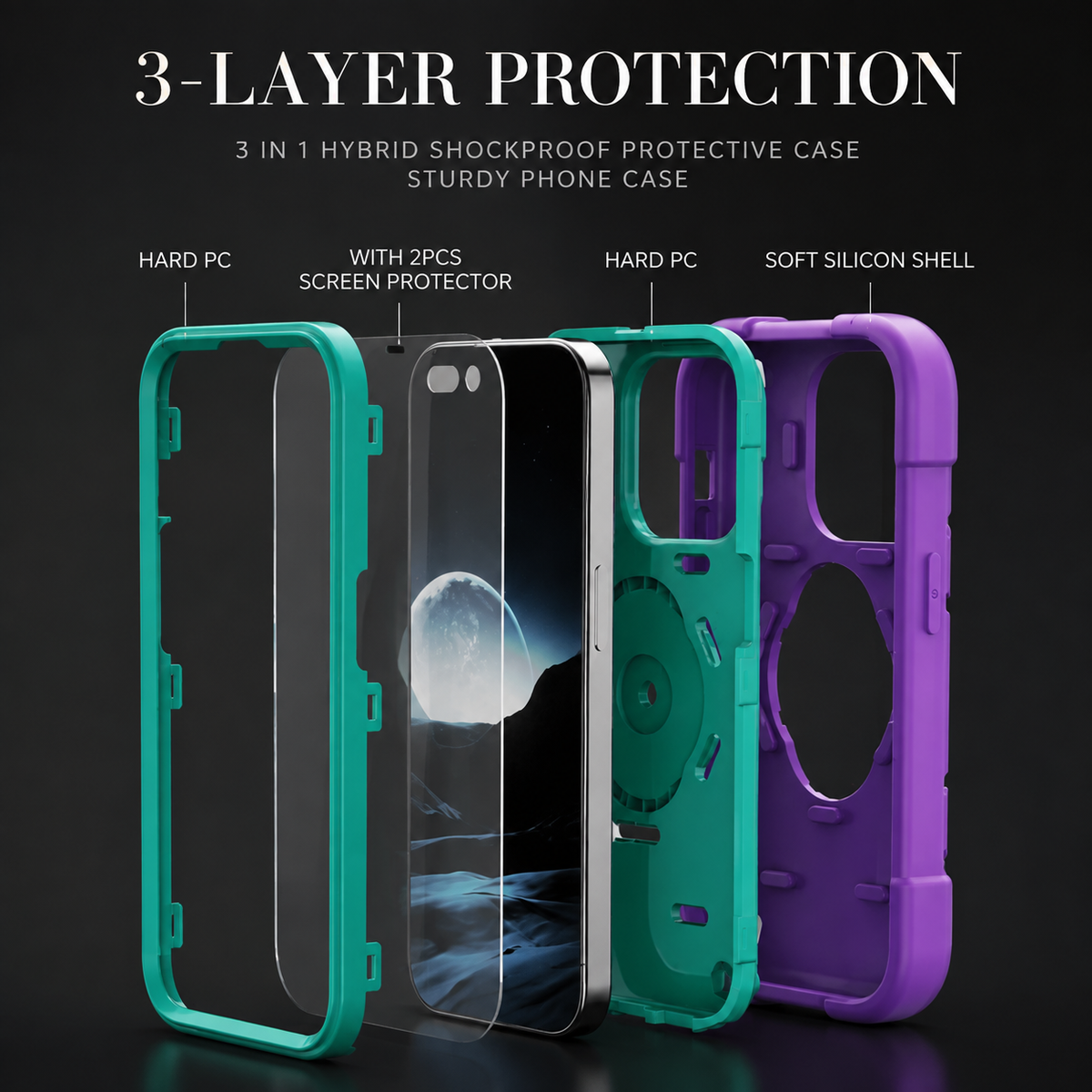 Premium iPhone Case Rugged Military Grade Protective Cover Dual Layer Shockproof Armor Kickstand Ring Holder Anti Slip Grip Full Protection