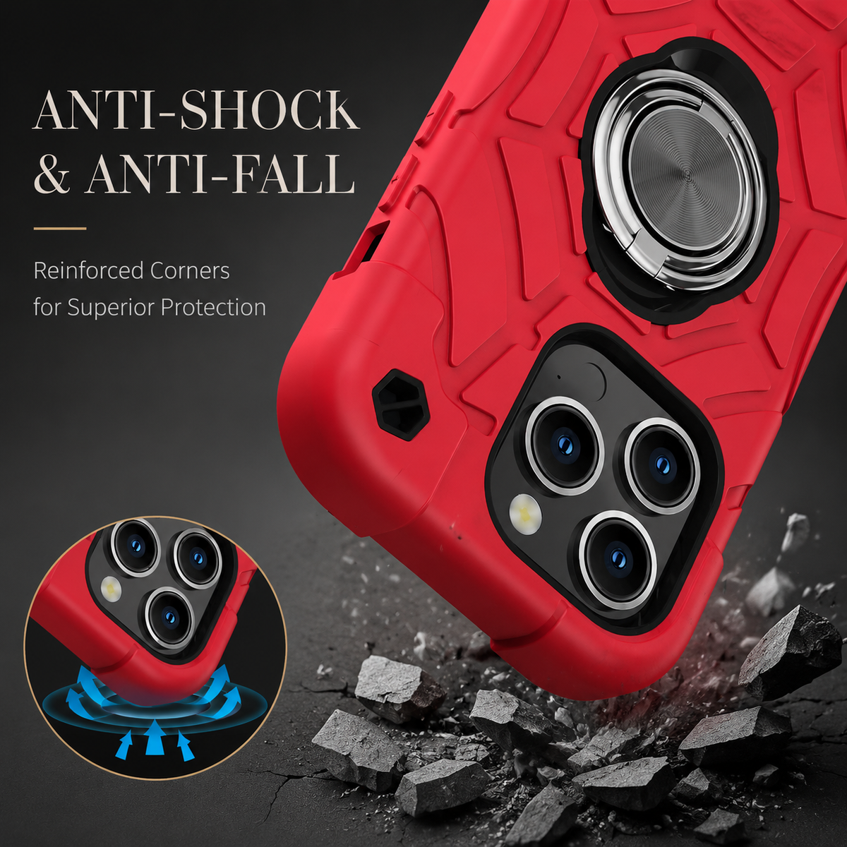 Premium iPhone Case Rugged Military Grade Protective Cover Dual Layer Shockproof Armor Kickstand Ring Holder Anti Slip Grip Full Protection