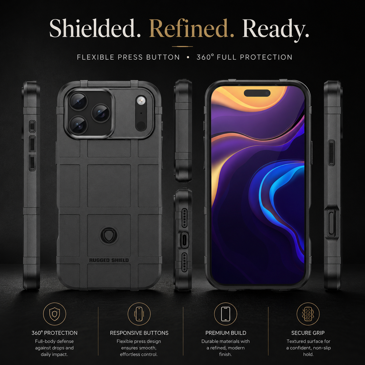 Premium iPhone Case Rugged Shield Military Grade Shockproof Drop Protection Reinforced Bumper Heavy Duty Anti Scratch Non Slip Tough Protective Cover Case