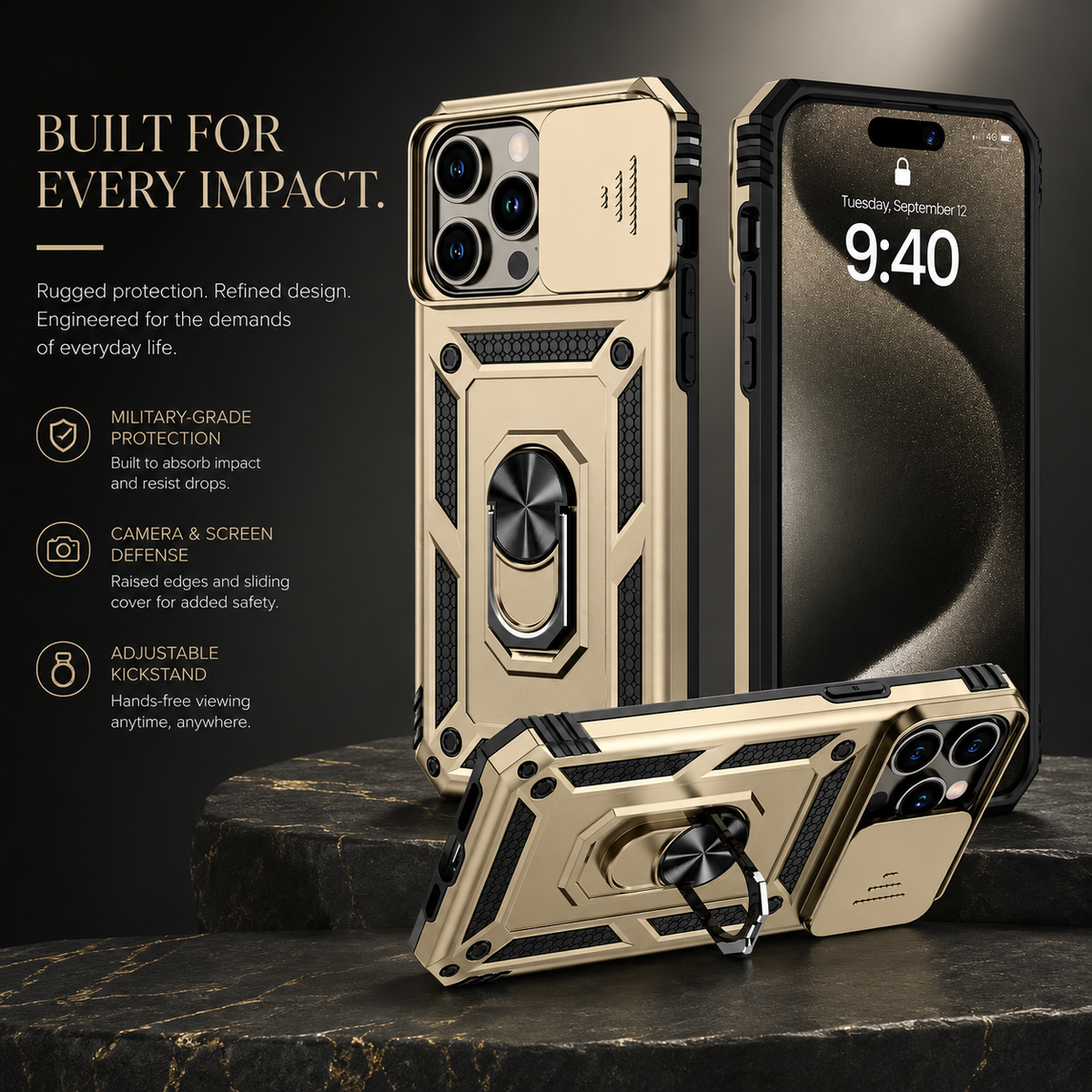 Premium iPhone Case Rugged Shockproof Kickstand Slide Camera Lens Protector PC TPU Anti Drop Reinforced Bumper Heavy Duty Protective Cover Case