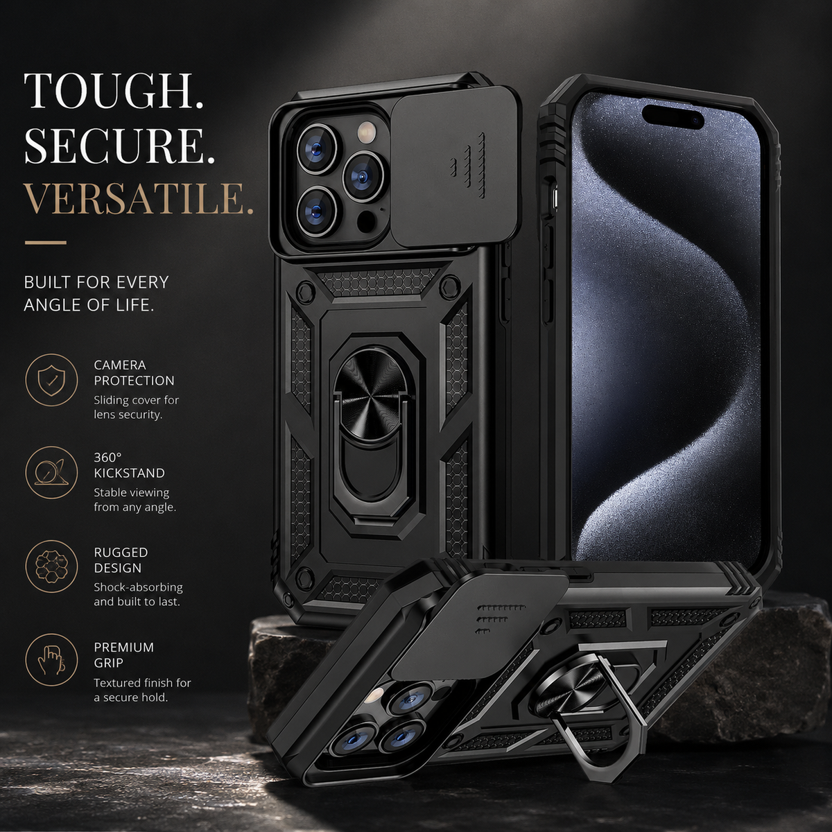 Premium iPhone Case Rugged Shockproof Kickstand Slide Camera Lens Protector PC TPU Anti Drop Reinforced Bumper Heavy Duty Protective Cover Case