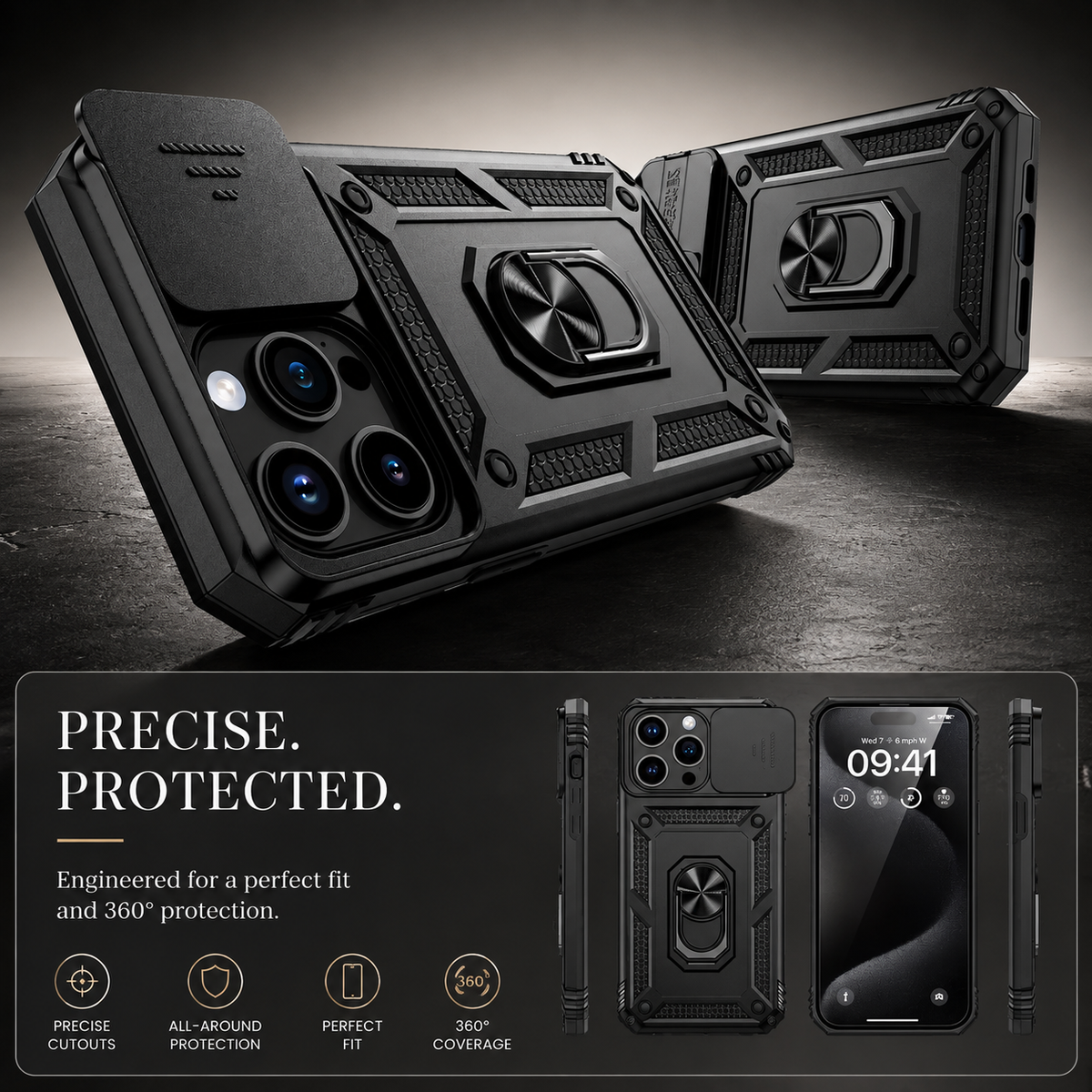 Premium iPhone Case Rugged Shockproof Kickstand Slide Camera Lens Protector PC TPU Anti Drop Reinforced Bumper Heavy Duty Protective Cover Case