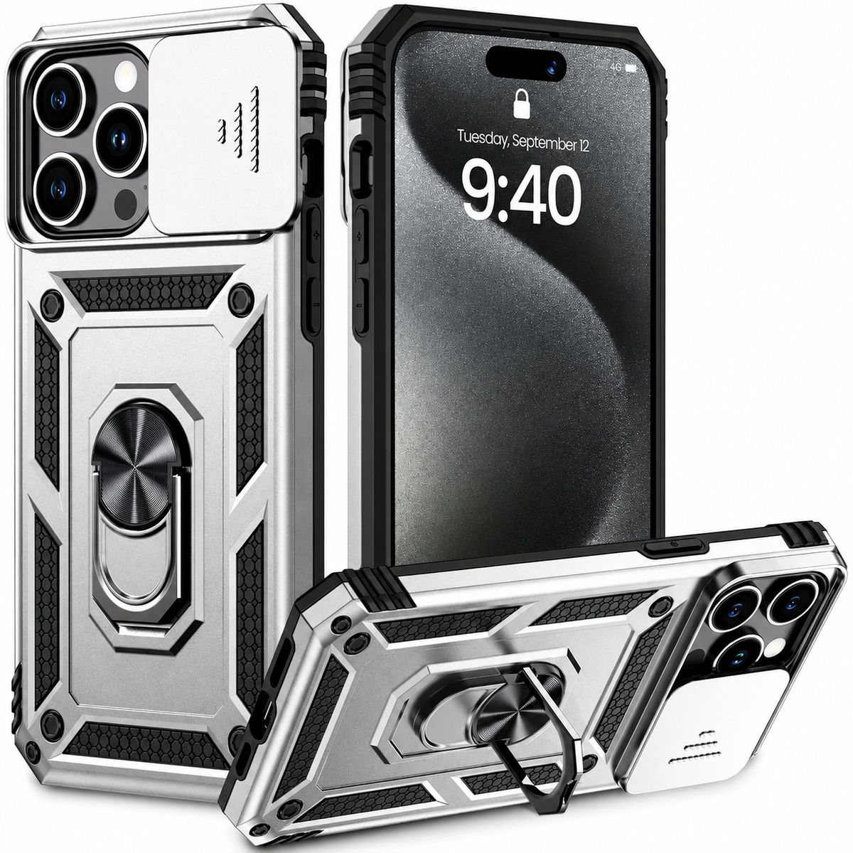 Premium iPhone Case Rugged Shockproof Kickstand Slide Camera Lens Protector PC TPU Anti Drop Reinforced Bumper Heavy Duty Protective Cover Case