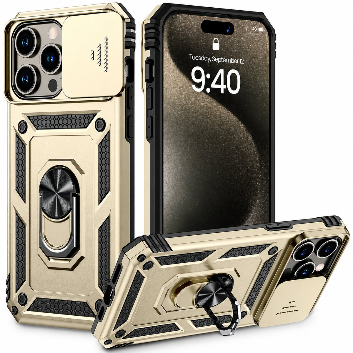 Premium iPhone Case Rugged Shockproof Kickstand Slide Camera Lens Protector PC TPU Anti Drop Reinforced Bumper Heavy Duty Protective Cover Case