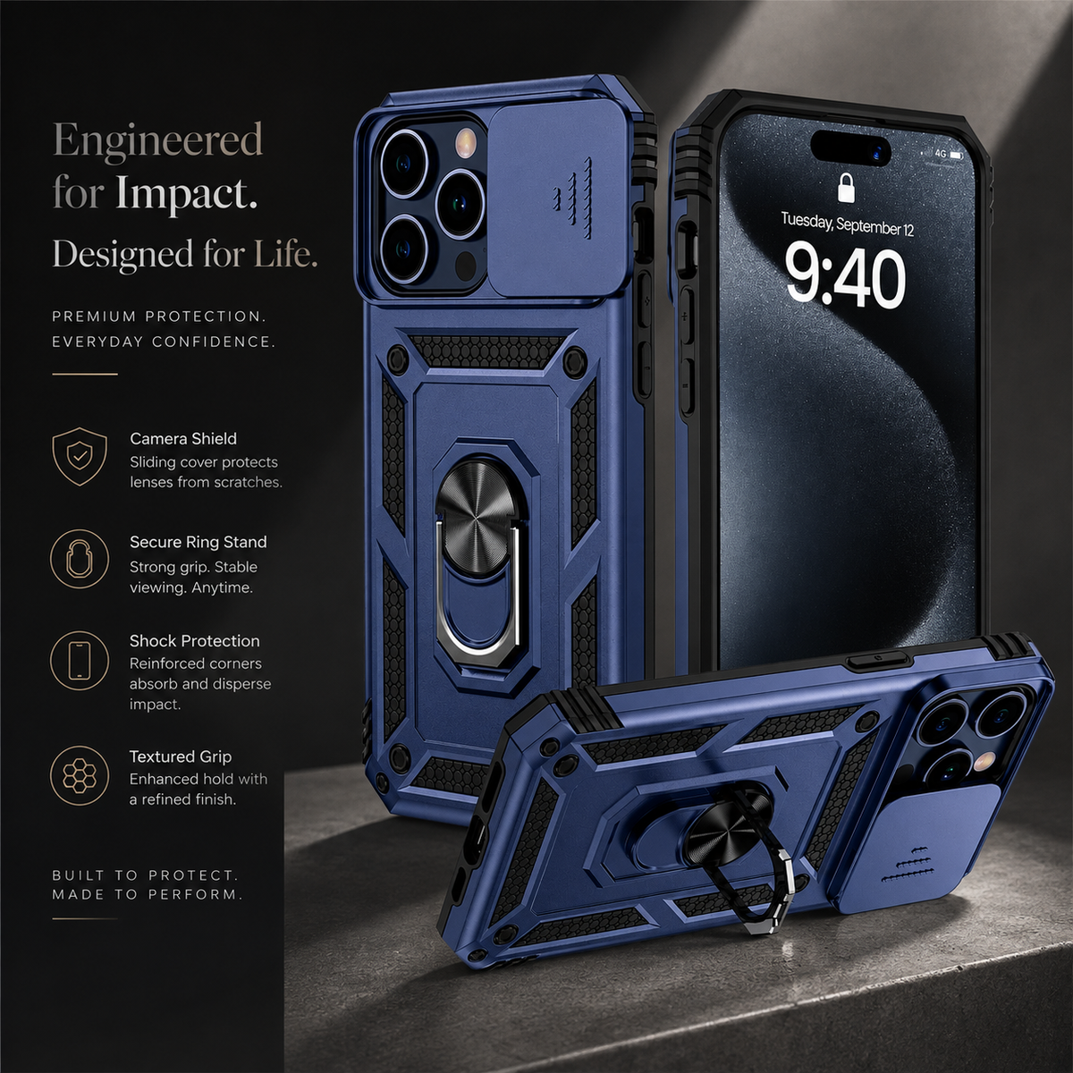 Premium iPhone Case Rugged Shockproof Kickstand Slide Camera Lens Protector PC TPU Anti Drop Reinforced Bumper Heavy Duty Protective Cover Case