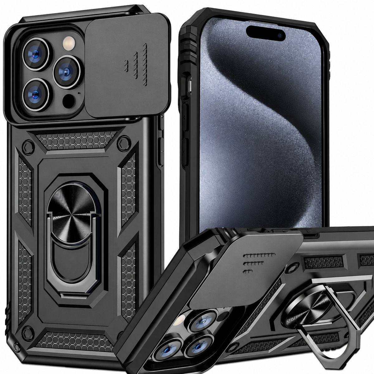 Premium iPhone Case Rugged Shockproof Kickstand Slide Camera Lens Protector PC TPU Anti Drop Reinforced Bumper Heavy Duty Protective Cover Case