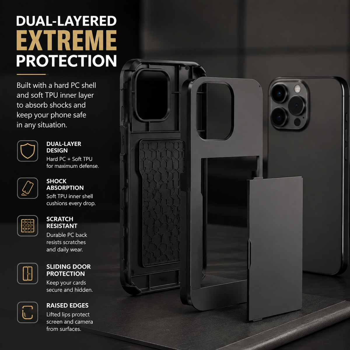 Premium iPhone Case Rugged Slide Wallet Card Holder Shockproof Protective Cover PC TPU Dual Layer Armor Anti Fingerprint Anti Scratch Non Slip Heavy Duty