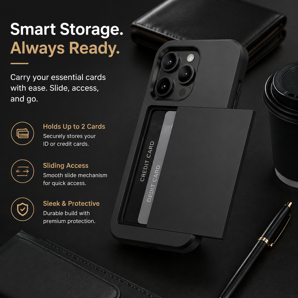 Premium iPhone Case Rugged Slide Wallet Card Holder Shockproof Protective Cover PC TPU Dual Layer Armor Anti Fingerprint Anti Scratch Non Slip Heavy Duty