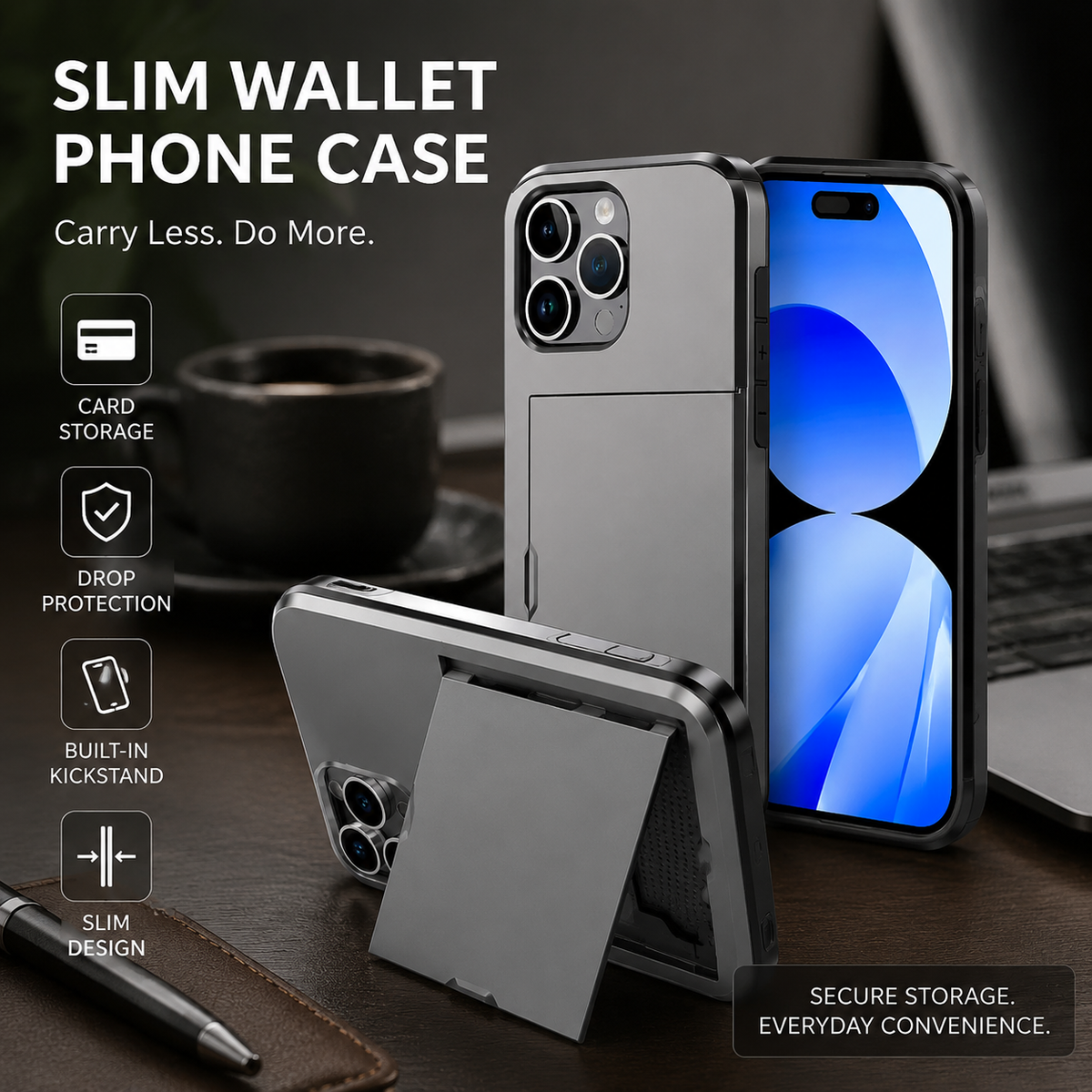 Premium iPhone Case Rugged Slide Wallet Card Holder Shockproof Protective Cover PC TPU Dual Layer Armor Anti Fingerprint Anti Scratch Non Slip Heavy Duty