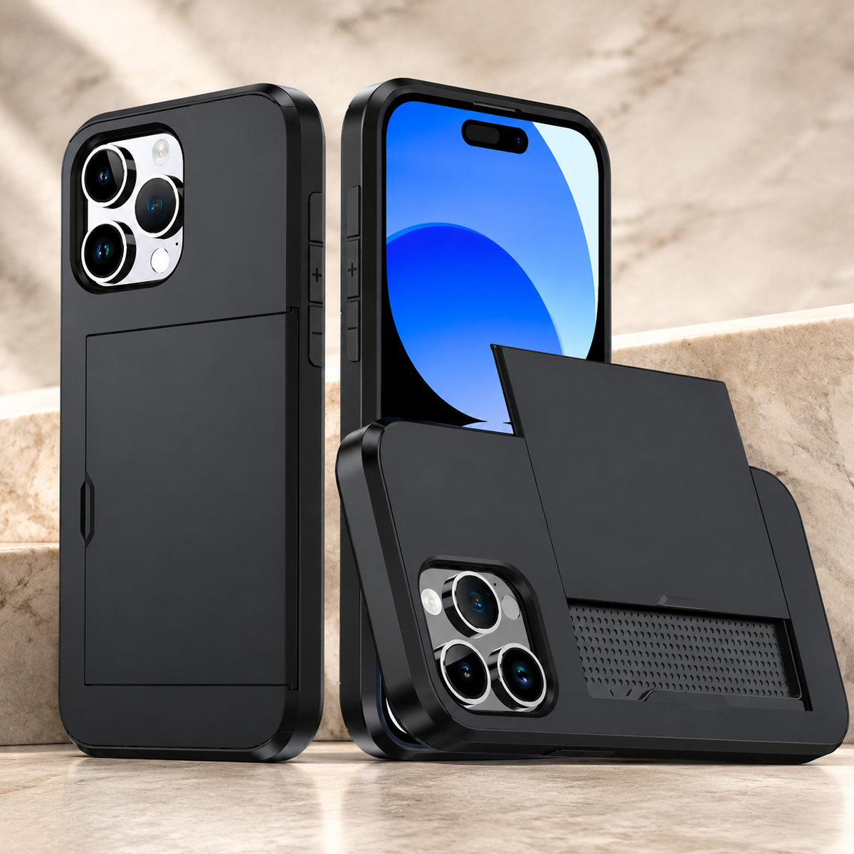 Premium iPhone Case Rugged Slide Wallet Card Holder Shockproof Protective Cover PC TPU Dual Layer Armor Anti Fingerprint Anti Scratch Non Slip Heavy Duty