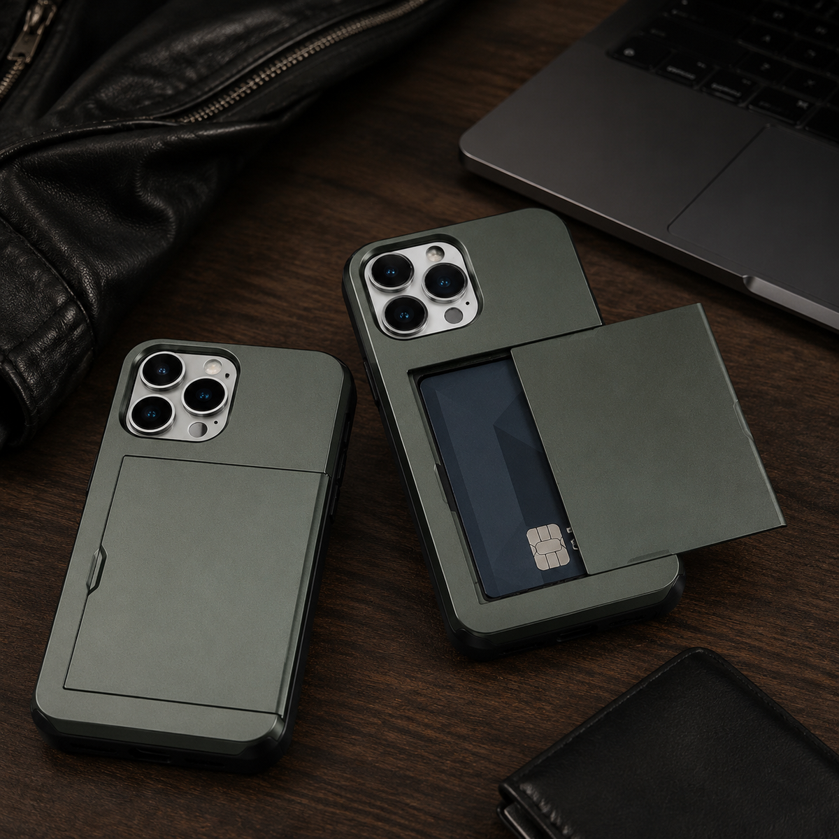 Premium iPhone Case Rugged Slide Wallet Card Holder Shockproof Protective Cover PC TPU Dual Layer Armor Anti Fingerprint Anti Scratch Non Slip Heavy Duty