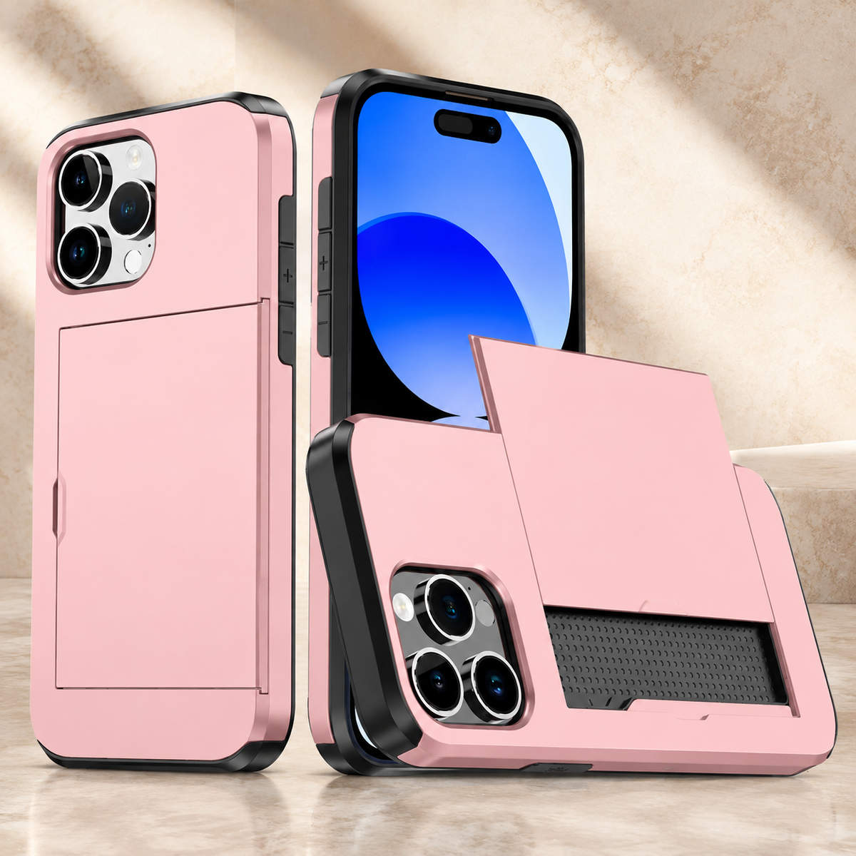 Premium iPhone Case Rugged Slide Wallet Card Holder Shockproof Protective Cover PC TPU Dual Layer Armor Anti Fingerprint Anti Scratch Non Slip Heavy Duty