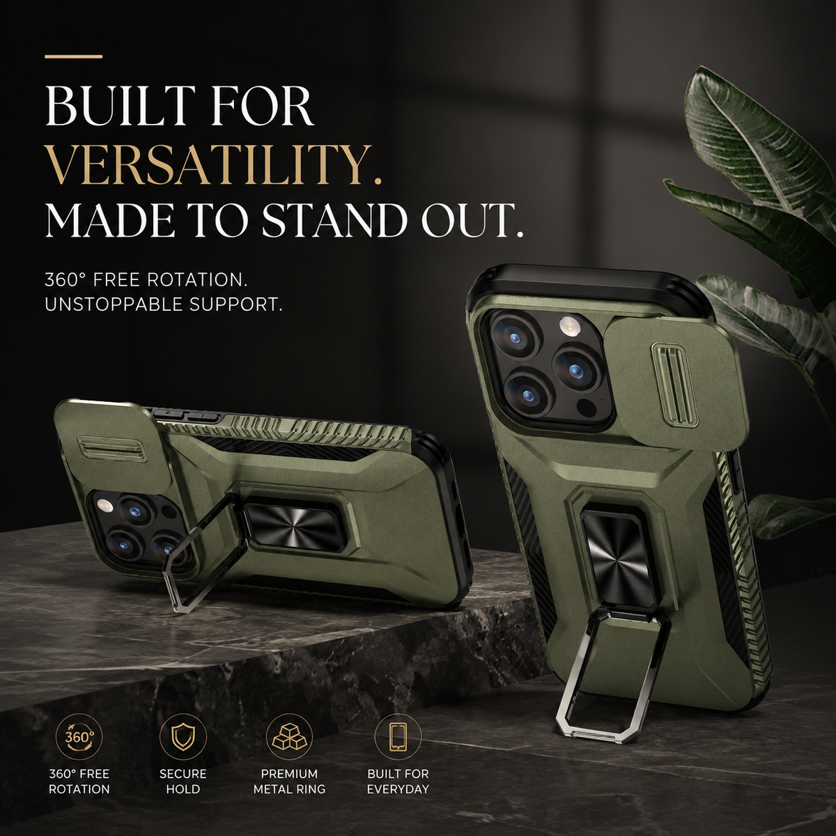 Premium iPhone Case Shockproof Protective Cover All Around Protection Sliding Camera Lens Guard Rotary Stand Anti Slip Grip Durable Design
