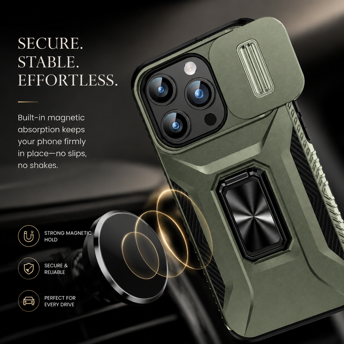 Premium iPhone Case Shockproof Protective Cover All Around Protection Sliding Camera Lens Guard Rotary Stand Anti Slip Grip Durable Design