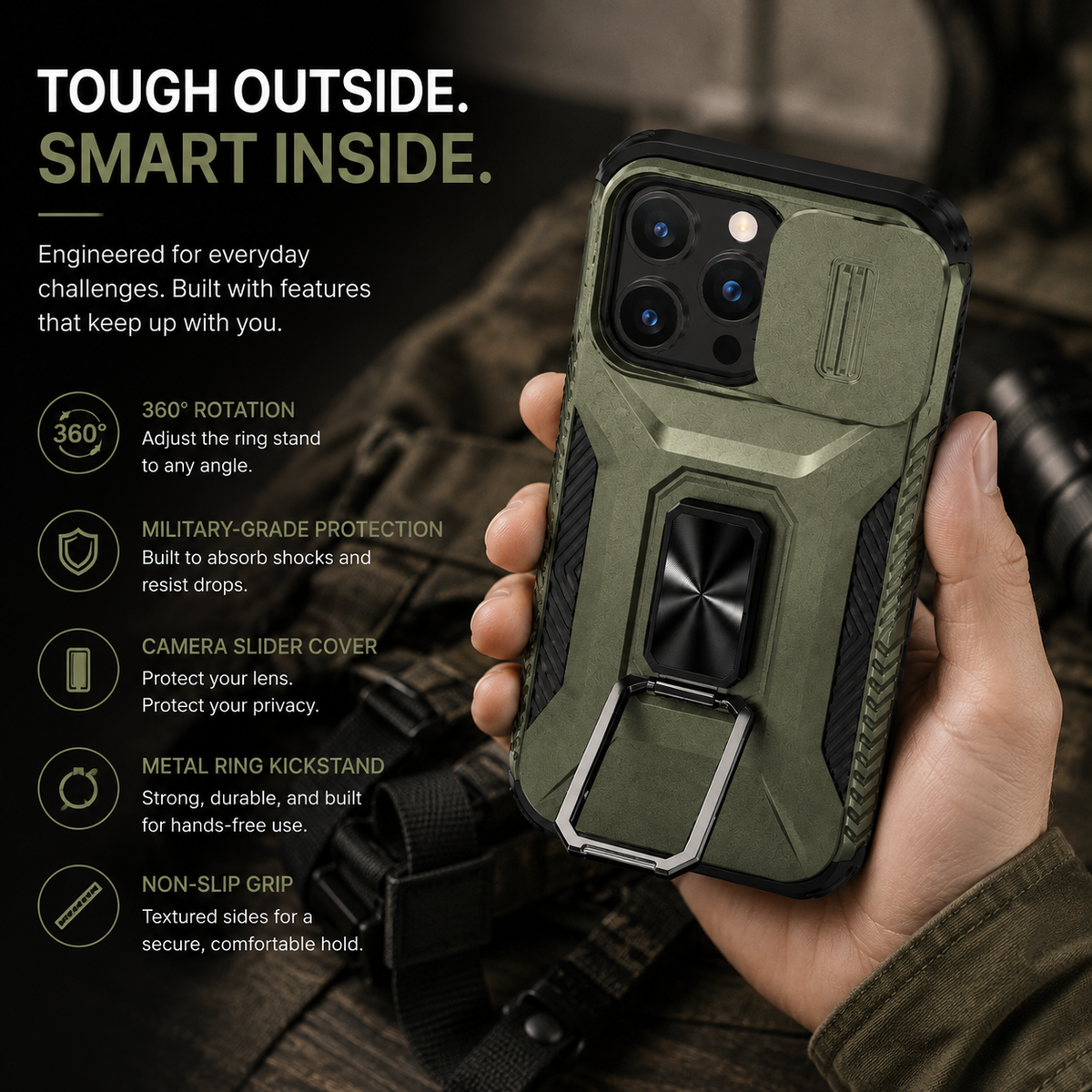 Premium iPhone Case Shockproof Protective Cover All Around Protection Sliding Camera Lens Guard Rotary Stand Anti Slip Grip Durable Design