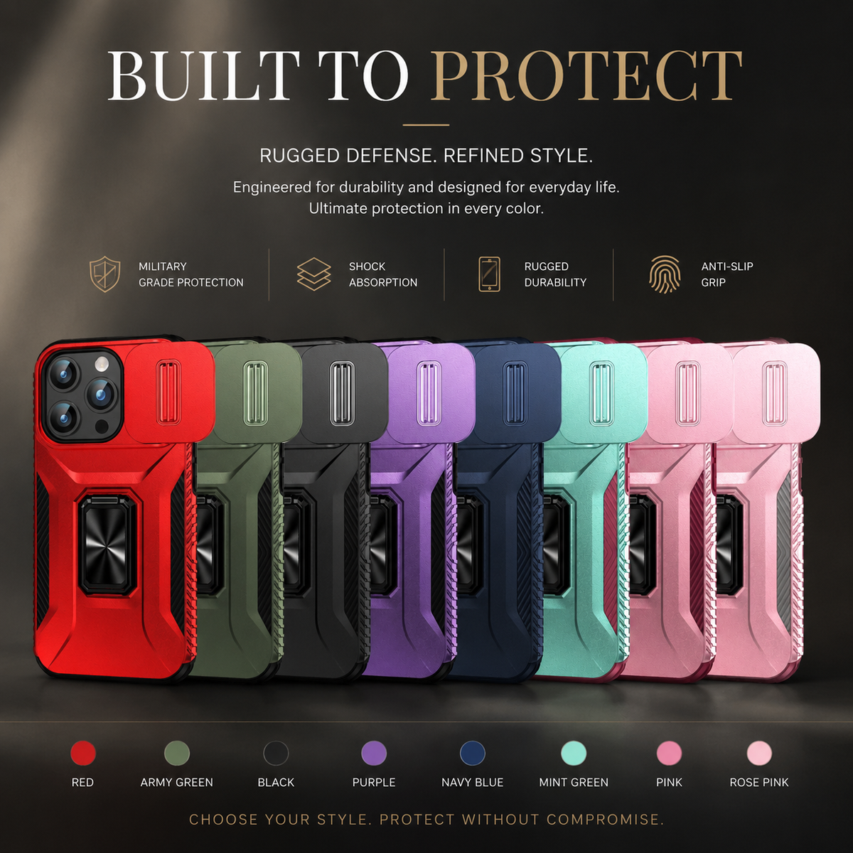 Premium iPhone Case Shockproof Protective Cover All Around Protection Sliding Camera Lens Guard Rotary Stand Anti Slip Grip Durable Design