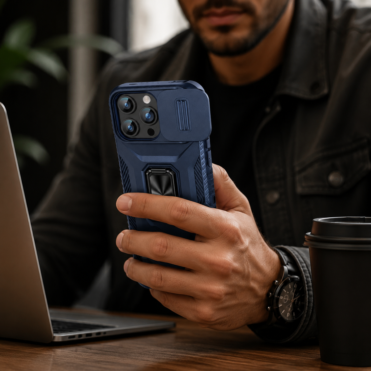 Premium iPhone Case Shockproof Protective Cover All Around Protection Sliding Camera Lens Guard Rotary Stand Anti Slip Grip Durable Design