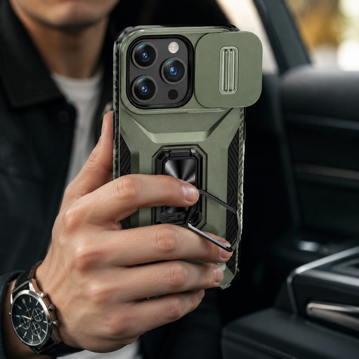 Premium iPhone Case Shockproof Protective Cover All Around Protection Sliding Camera Lens Guard Rotary Stand Anti Slip Grip Durable Design