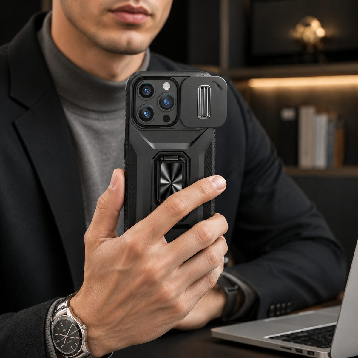 Premium iPhone Case Shockproof Protective Cover All Around Protection Sliding Camera Lens Guard Rotary Stand Anti Slip Grip Durable Design
