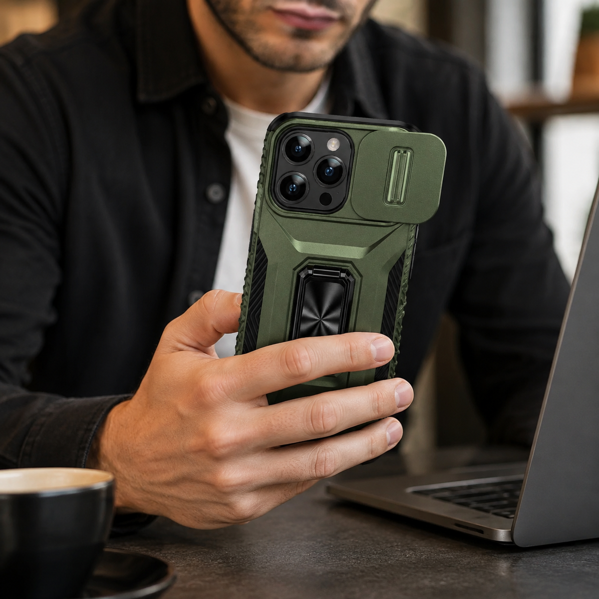 Premium iPhone Case Shockproof Protective Cover All Around Protection Sliding Camera Lens Guard Rotary Stand Anti Slip Grip Durable Design