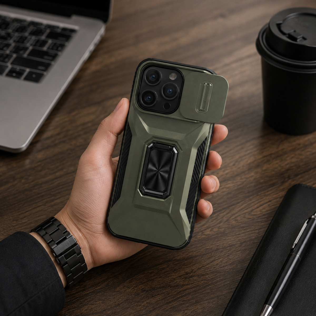 Premium iPhone Case Shockproof Protective Cover All Around Protection Sliding Camera Lens Guard Rotary Stand Anti Slip Grip Durable Design